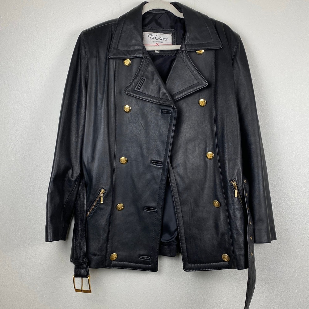 Vintage Di Capra Black Leather Motorcycle Jacket Biker Style Belt Gold Button S